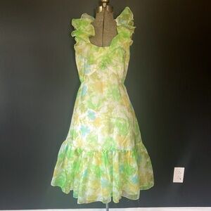 Vintage 1970s Lilli Diamond California Watercolor Floral Chiffon Dress Ruffles